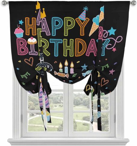 HAPPY BIRTHDAY Tie Up Curtains for Window, Cartoon Cakes Candles Lines Painted Thermal Insulated Balloon Shade Adjustable Rod Pocket Curtains Valance Panels for Kitchen Bathroom Café 42'' x 45'' in Saudi Arabia