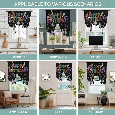 HAPPY BIRTHDAY Tie Up Curtains for Window, Cartoon Cakes Candles Lines Painted Thermal Insulated Balloon Shade Adjustable Rod Pocket Curtains Valance Panels for Kitchen Bathroom Café 42'' x 45'' in Saudi Arabia