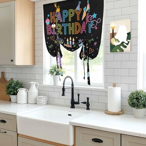 HAPPY BIRTHDAY Tie Up Curtains for Window, Cartoon Cakes Candles Lines Painted Thermal Insulated Balloon Shade Adjustable Rod Pocket Curtains Valance Panels for Kitchen Bathroom Café 42'' x 45'' in Saudi Arabia