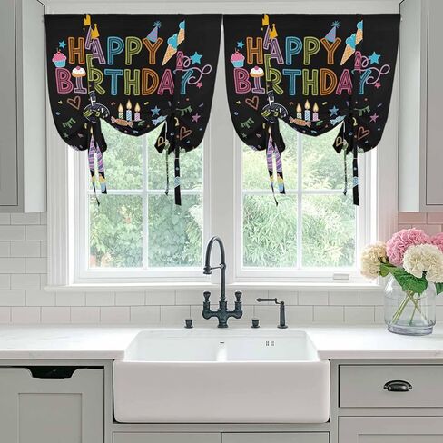 HAPPY BIRTHDAY Tie Up Curtains for Window, Cartoon Cakes Candles Lines Painted Thermal Insulated Balloon Shade Adjustable Rod Pocket Curtains Valance Panels for Kitchen Bathroom Café 42'' x 45'' in Saudi Arabia