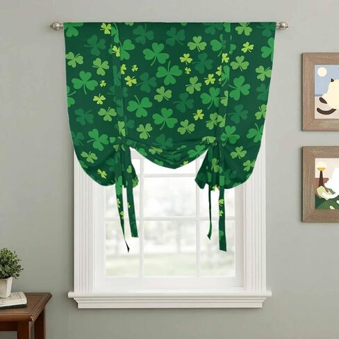 Green Shamrock Tie Up Curtains for Window, St. Patrick's Day Spring Lucky Vintage Thermal Insulated Balloon Shade Adjustable Rod Pocket Curtains Valance Panels for Kitchen Bathroom Café 52'' x 63'' in Saudi Arabia