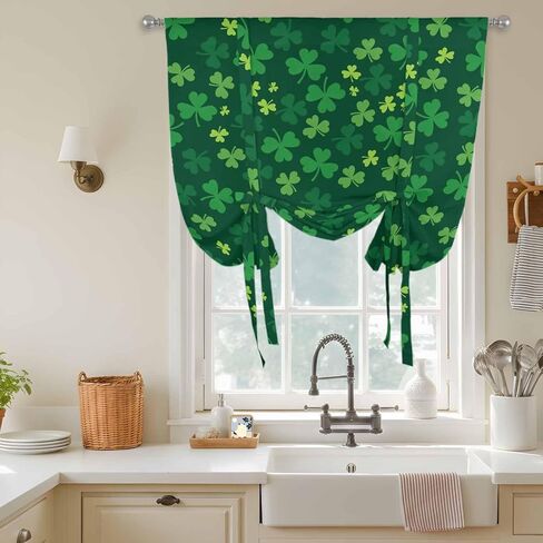 Green Shamrock Tie Up Curtains for Window, St. Patrick's Day Spring Lucky Vintage Thermal Insulated Balloon Shade Adjustable Rod Pocket Curtains Valance Panels for Kitchen Bathroom Café 52'' x 63'' in Saudi Arabia