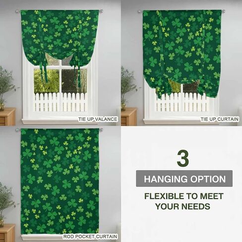 Green Shamrock Tie Up Curtains for Window, St. Patrick's Day Spring Lucky Vintage Thermal Insulated Balloon Shade Adjustable Rod Pocket Curtains Valance Panels for Kitchen Bathroom Café 52'' x 63'' in Saudi Arabia