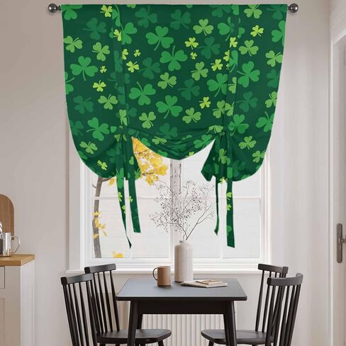 Green Shamrock Tie Up Curtains for Window, St. Patrick's Day Spring Lucky Vintage Thermal Insulated Balloon Shade Adjustable Rod Pocket Curtains Valance Panels for Kitchen Bathroom Café 52'' x 63'' in Saudi Arabia