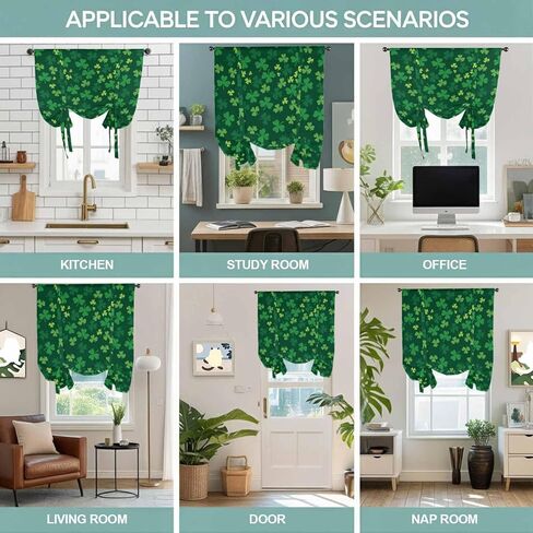 Green Shamrock Tie Up Curtains for Window, St. Patrick's Day Spring Lucky Vintage Thermal Insulated Balloon Shade Adjustable Rod Pocket Curtains Valance Panels for Kitchen Bathroom Café 52'' x 63'' in Saudi Arabia