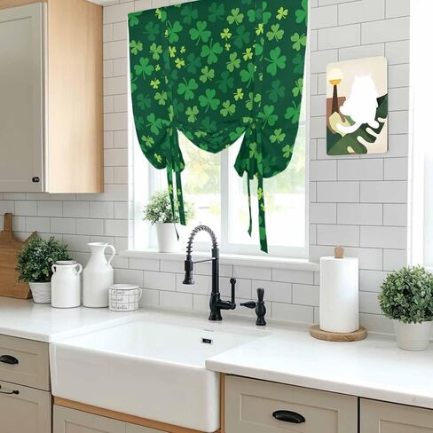 Green Shamrock Tie Up Curtains for Window, St. Patrick's Day Spring Lucky Vintage Thermal Insulated Balloon Shade Adjustable Rod Pocket Curtains Valance Panels for Kitchen Bathroom Café 52'' x 63'' in Saudi Arabia
