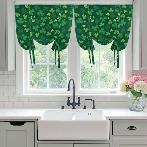 Green Shamrock Tie Up Curtains for Window, St. Patrick's Day Spring Lucky Vintage Thermal Insulated Balloon Shade Adjustable Rod Pocket Curtains Valance Panels for Kitchen Bathroom Café 52'' x 63'' in Saudi Arabia
