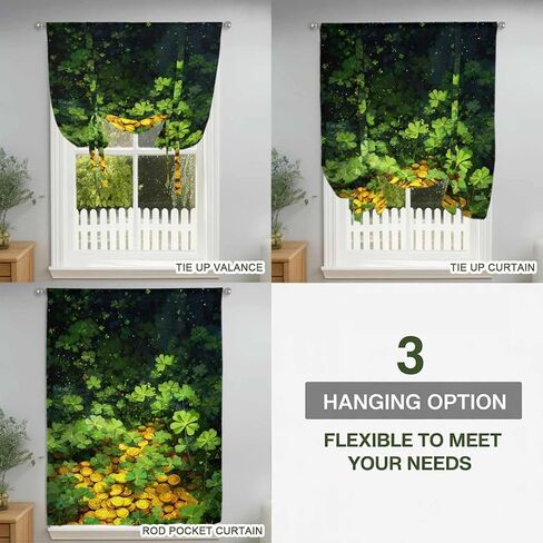 St. Patrick's Day Tie Up Curtains for Window, Country Spring Green Lucky Irish Leaves Thermal Balloon Shade Adjustable Rod Pocket Curtains Valance Panels for Kitchen Bathroom Café 42'' x 54'' in Saudi Arabia