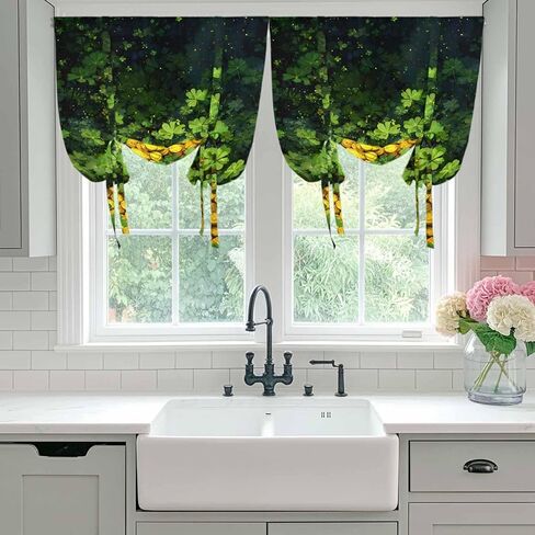 St. Patrick's Day Tie Up Curtains for Window, Country Spring Green Lucky Irish Leaves Thermal Balloon Shade Adjustable Rod Pocket Curtains Valance Panels for Kitchen Bathroom Café 42'' x 54'' in Saudi Arabia