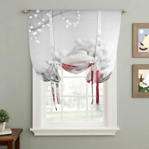 Christmas Snowman Tie Up Curtains for Window, Xmas Balls Winter Gift Holiday Thermal Insulated Balloon Shade Adjustable Rod Pocket Curtains Valance Panels for Kitchen Bathroom Café 52'' x 45'' in Saudi Arabia