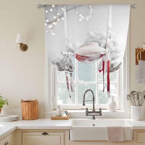 Christmas Snowman Tie Up Curtains for Window, Xmas Balls Winter Gift Holiday Thermal Insulated Balloon Shade Adjustable Rod Pocket Curtains Valance Panels for Kitchen Bathroom Café 52'' x 45'' in Saudi Arabia