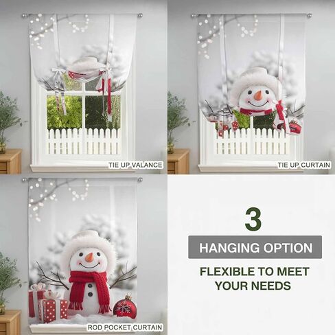 Christmas Snowman Tie Up Curtains for Window, Xmas Balls Winter Gift Holiday Thermal Insulated Balloon Shade Adjustable Rod Pocket Curtains Valance Panels for Kitchen Bathroom Café 52'' x 45'' in Saudi Arabia