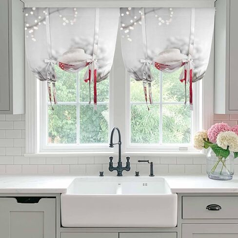 Christmas Snowman Tie Up Curtains for Window, Xmas Balls Winter Gift Holiday Thermal Insulated Balloon Shade Adjustable Rod Pocket Curtains Valance Panels for Kitchen Bathroom Café 52'' x 45'' in Saudi Arabia