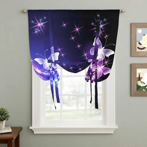 Purple Butterflies Tie Up Curtains for Window, Modern Abstract Fantasy Gradient Thermal Insulated Balloon Shade Adjustable Rod Pocket Curtains Valance Panels for Kitchen Bathroom Café 42'' x 54'' in Saudi Arabia