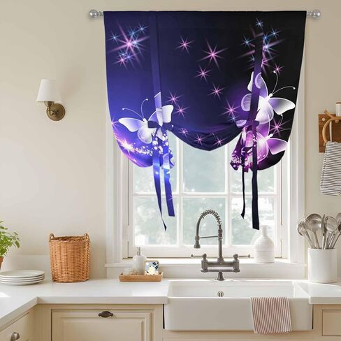 Purple Butterflies Tie Up Curtains for Window, Modern Abstract Fantasy Gradient Thermal Insulated Balloon Shade Adjustable Rod Pocket Curtains Valance Panels for Kitchen Bathroom Café 42'' x 54'' in Saudi Arabia