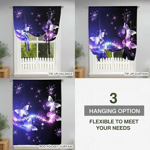 Purple Butterflies Tie Up Curtains for Window, Modern Abstract Fantasy Gradient Thermal Insulated Balloon Shade Adjustable Rod Pocket Curtains Valance Panels for Kitchen Bathroom Café 42'' x 54'' in Saudi Arabia