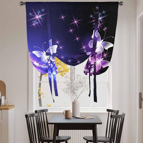 Purple Butterflies Tie Up Curtains for Window, Modern Abstract Fantasy Gradient Thermal Insulated Balloon Shade Adjustable Rod Pocket Curtains Valance Panels for Kitchen Bathroom Café 42'' x 54'' in Saudi Arabia