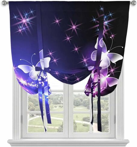 Purple Butterflies Tie Up Curtains for Window, Modern Abstract Fantasy Gradient Thermal Insulated Balloon Shade Adjustable Rod Pocket Curtains Valance Panels for Kitchen Bathroom Café 42'' x 54'' in Saudi Arabia