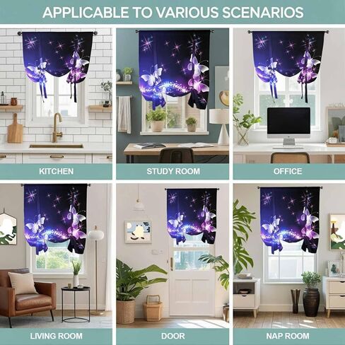 Purple Butterflies Tie Up Curtains for Window, Modern Abstract Fantasy Gradient Thermal Insulated Balloon Shade Adjustable Rod Pocket Curtains Valance Panels for Kitchen Bathroom Café 42'' x 54'' in Saudi Arabia