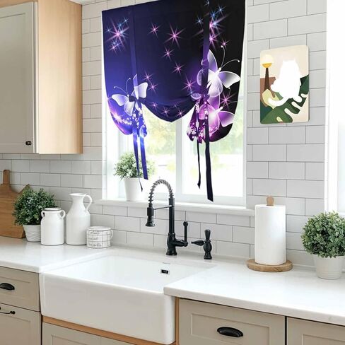 Purple Butterflies Tie Up Curtains for Window, Modern Abstract Fantasy Gradient Thermal Insulated Balloon Shade Adjustable Rod Pocket Curtains Valance Panels for Kitchen Bathroom Café 42'' x 54'' in Saudi Arabia