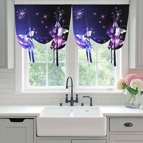Purple Butterflies Tie Up Curtains for Window, Modern Abstract Fantasy Gradient Thermal Insulated Balloon Shade Adjustable Rod Pocket Curtains Valance Panels for Kitchen Bathroom Café 42'' x 54'' in Saudi Arabia