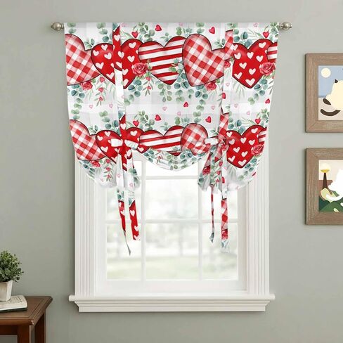 Valentine's Day Tie Up Curtains for Window, Red Love Heart Eucalyptus Grey Check Thermal Insulated Balloon Shade Adjustable Rod Pocket Curtains Valance Panels for Kitchen Bathroom Café 46'' x 63'' in Saudi Arabia