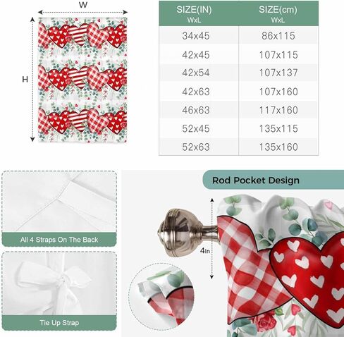 Valentine's Day Tie Up Curtains for Window, Red Love Heart Eucalyptus Grey Check Thermal Insulated Balloon Shade Adjustable Rod Pocket Curtains Valance Panels for Kitchen Bathroom Café 46'' x 63'' in Saudi Arabia