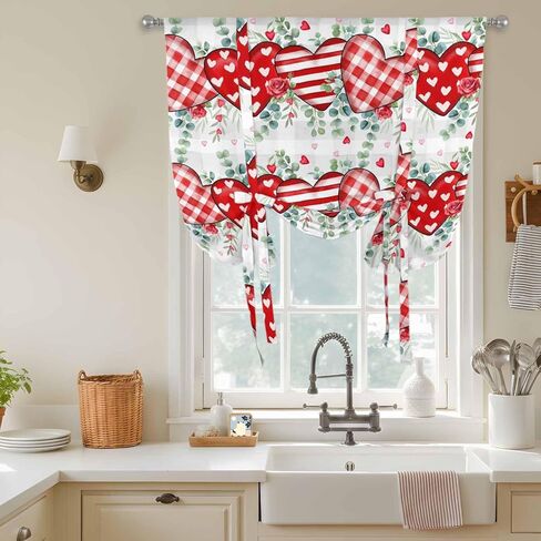 Valentine's Day Tie Up Curtains for Window, Red Love Heart Eucalyptus Grey Check Thermal Insulated Balloon Shade Adjustable Rod Pocket Curtains Valance Panels for Kitchen Bathroom Café 46'' x 63'' in Saudi Arabia
