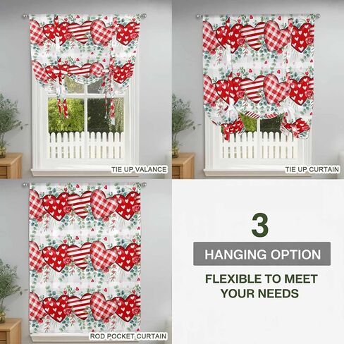 Valentine's Day Tie Up Curtains for Window, Red Love Heart Eucalyptus Grey Check Thermal Insulated Balloon Shade Adjustable Rod Pocket Curtains Valance Panels for Kitchen Bathroom Café 46'' x 63'' in Saudi Arabia