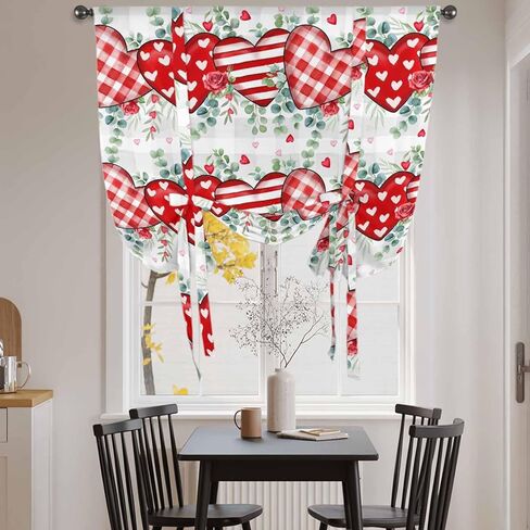 Valentine's Day Tie Up Curtains for Window, Red Love Heart Eucalyptus Grey Check Thermal Insulated Balloon Shade Adjustable Rod Pocket Curtains Valance Panels for Kitchen Bathroom Café 46'' x 63'' in Saudi Arabia