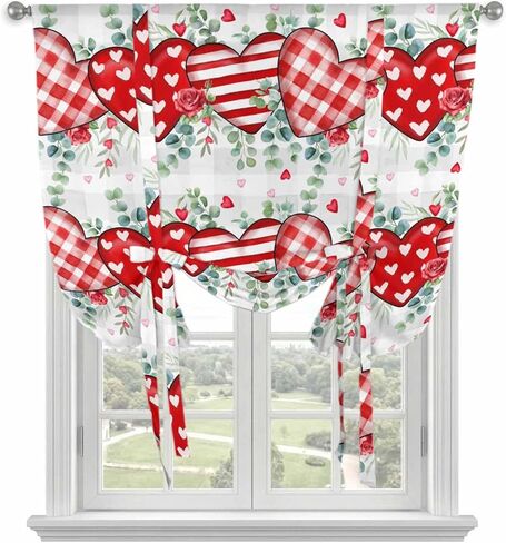 Valentine's Day Tie Up Curtains for Window, Red Love Heart Eucalyptus Grey Check Thermal Insulated Balloon Shade Adjustable Rod Pocket Curtains Valance Panels for Kitchen Bathroom Café 46'' x 63'' in Saudi Arabia