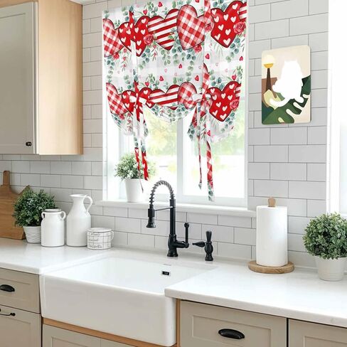 Valentine's Day Tie Up Curtains for Window, Red Love Heart Eucalyptus Grey Check Thermal Insulated Balloon Shade Adjustable Rod Pocket Curtains Valance Panels for Kitchen Bathroom Café 46'' x 63'' in Saudi Arabia