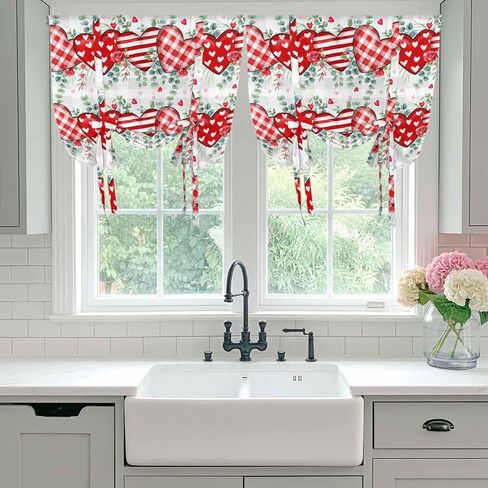Valentine's Day Tie Up Curtains for Window, Red Love Heart Eucalyptus Grey Check Thermal Insulated Balloon Shade Adjustable Rod Pocket Curtains Valance Panels for Kitchen Bathroom Café 46'' x 63'' in Saudi Arabia
