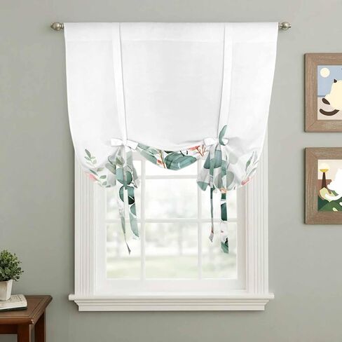 Eucalyptus Leaves Tie Up Curtains for Window, Watercolor Green Red Flower Plant Thermal Insulated Balloon Shade Adjustable Rod Pocket Curtains Valance Panels for Kitchen Bathroom Café 52'' x 45'' in Saudi Arabia