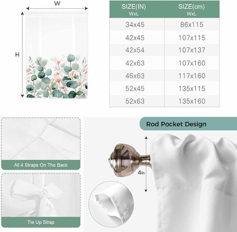 Eucalyptus Leaves Tie Up Curtains for Window, Watercolor Green Red Flower Plant Thermal Insulated Balloon Shade Adjustable Rod Pocket Curtains Valance Panels for Kitchen Bathroom Café 52'' x 45'' in Saudi Arabia