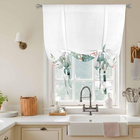Eucalyptus Leaves Tie Up Curtains for Window, Watercolor Green Red Flower Plant Thermal Insulated Balloon Shade Adjustable Rod Pocket Curtains Valance Panels for Kitchen Bathroom Café 52'' x 45'' in Saudi Arabia