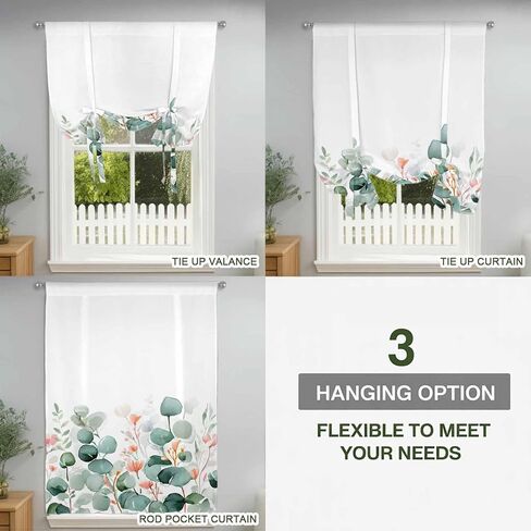 Eucalyptus Leaves Tie Up Curtains for Window, Watercolor Green Red Flower Plant Thermal Insulated Balloon Shade Adjustable Rod Pocket Curtains Valance Panels for Kitchen Bathroom Café 52'' x 45'' in Saudi Arabia