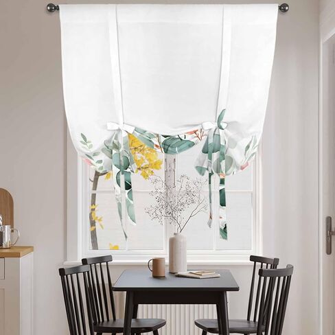 Eucalyptus Leaves Tie Up Curtains for Window, Watercolor Green Red Flower Plant Thermal Insulated Balloon Shade Adjustable Rod Pocket Curtains Valance Panels for Kitchen Bathroom Café 52'' x 45'' in Saudi Arabia