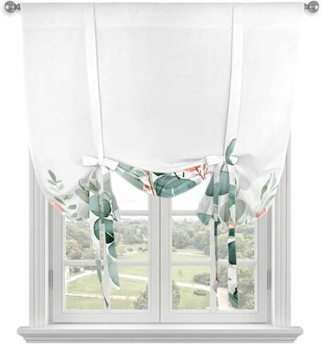 Eucalyptus Leaves Tie Up Curtains for Window, Watercolor Green Red Flower Plant Thermal Insulated Balloon Shade Adjustable Rod Pocket Curtains Valance Panels for Kitchen Bathroom Café 52'' x 45'' in Saudi Arabia