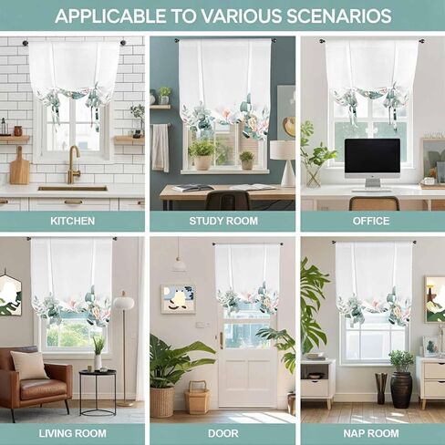 Eucalyptus Leaves Tie Up Curtains for Window, Watercolor Green Red Flower Plant Thermal Insulated Balloon Shade Adjustable Rod Pocket Curtains Valance Panels for Kitchen Bathroom Café 52'' x 45'' in Saudi Arabia