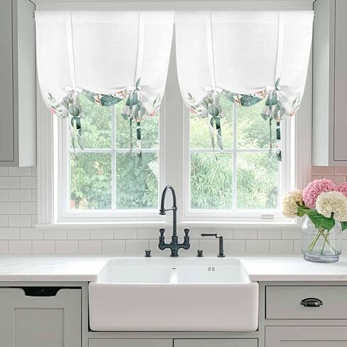 Eucalyptus Leaves Tie Up Curtains for Window, Watercolor Green Red Flower Plant Thermal Insulated Balloon Shade Adjustable Rod Pocket Curtains Valance Panels for Kitchen Bathroom Café 52'' x 45'' in Saudi Arabia