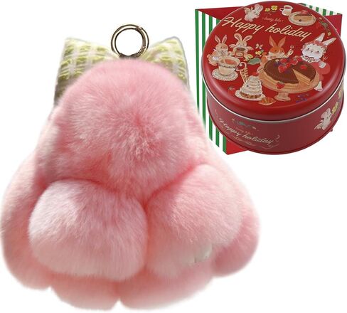 Ferris Bunny Lulu Keychain with Tin & Bag Rabbit Fur Bunny Lulu Keychain With Bow for Women Cute Soft Plush Accessory in Kuwait