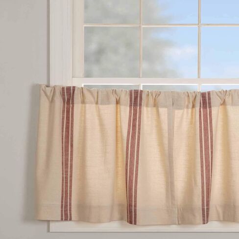 Piper Classics Market Place Red Grain Sack Stripe Tier Curtains, Set of 2, 24" Long, Farmhouse Style Brick Red & Natural Cream Tiers/Café Curtains in Kuwait