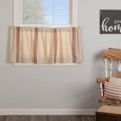 Piper Classics Market Place Red Grain Sack Stripe Tier Curtains, Set of 2, 24" Long, Farmhouse Style Brick Red & Natural Cream Tiers/Café Curtains in Kuwait