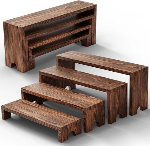 حوامل عرض خشبية متدرجة - مجموعتان من 8 قطع منظم أرفف العطور والكولونيا، مجموعة عرض طاولة حلوى كب كيك خشبية كبيرة، عناصر عرض كشك البائع، رافعات عرض الطعام الريفية للحفلات والمناسبات in Kuwait