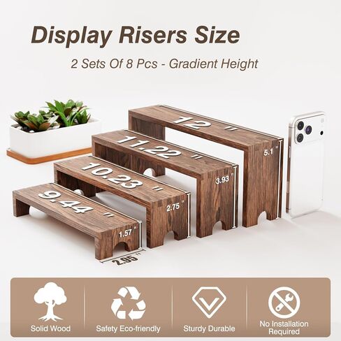 حوامل عرض خشبية متدرجة - مجموعتان من 8 قطع منظم أرفف العطور والكولونيا، مجموعة عرض طاولة حلوى كب كيك خشبية كبيرة، عناصر عرض كشك البائع، رافعات عرض الطعام الريفية للحفلات والمناسبات in Kuwait