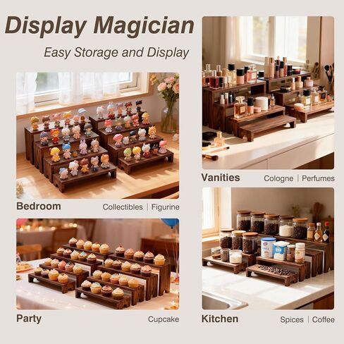 حوامل عرض خشبية متدرجة - مجموعتان من 8 قطع منظم أرفف العطور والكولونيا، مجموعة عرض طاولة حلوى كب كيك خشبية كبيرة، عناصر عرض كشك البائع، رافعات عرض الطعام الريفية للحفلات والمناسبات in Kuwait