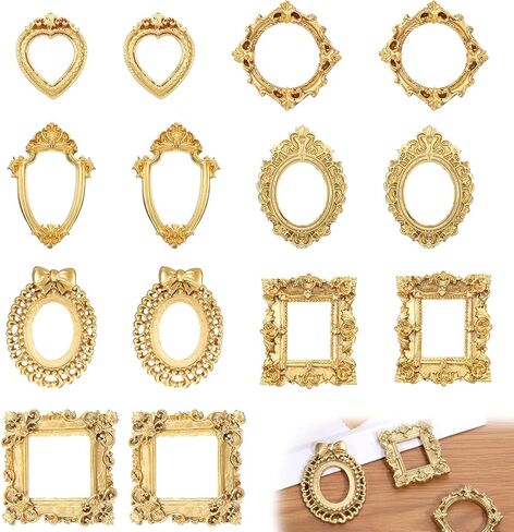 14 Pcs Gold Vintage Resin Mini Antique Photo Frame Mini Gold Picture Frames Small Frames DIY Small Picture Frame for Table Top DIY Jewelry Display Photography Photo Party Home Decoration in Kuwait