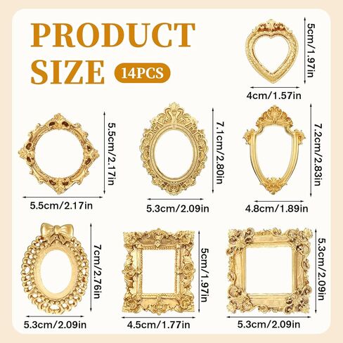 14 Pcs Gold Vintage Resin Mini Antique Photo Frame Mini Gold Picture Frames Small Frames DIY Small Picture Frame for Table Top DIY Jewelry Display Photography Photo Party Home Decoration in Kuwait