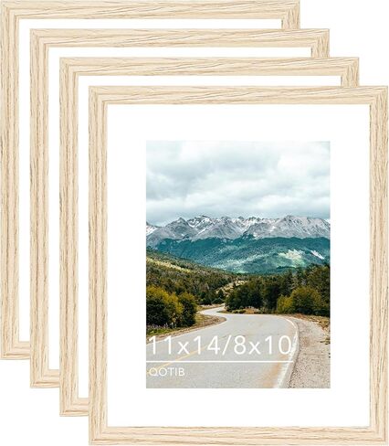 11x14 Wood Picture Frame with 8x10 Mat, Display 8x10 with Mat or 11x14 Without Mat, Wooden 11 by 14 Photo Frame, 11 x 14 Frame for Wall Hanging Display, Natural Beige, 4 Pack in Kuwait